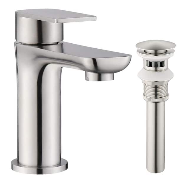 Basin Faucet Single Handle Single Hole Bathroom Faucet with 15° Angled Spout Splash-Free Drain Set in Brushed Nickel