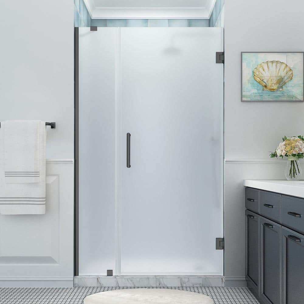 Belmore XL Matte Black Frameless Hinged Shower Door with Frosted Glass