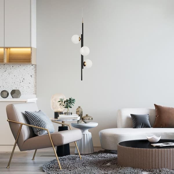 Contemporary 3-Lights 17-Watt Black Integrated LED Chandelier, Brass Hanging Pendant Light with Globe Frosted Glass