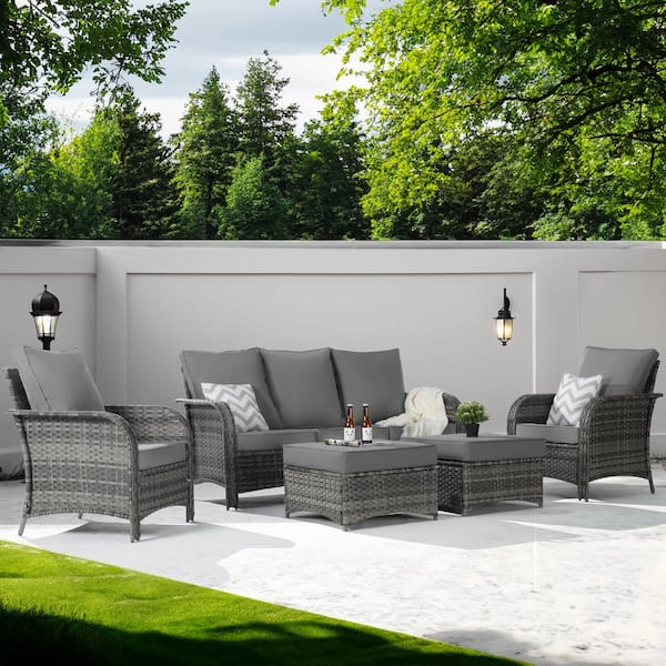 SANSTAR 7-Piece Patio Conversation Sofa Set Furniture Sectional Seating Set with Gray Cushion & Tempered Glass Desktop