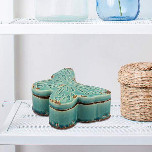 Stonebriar Collection 5 in x 4 in. Ceramic Turquoise Butterfly Box