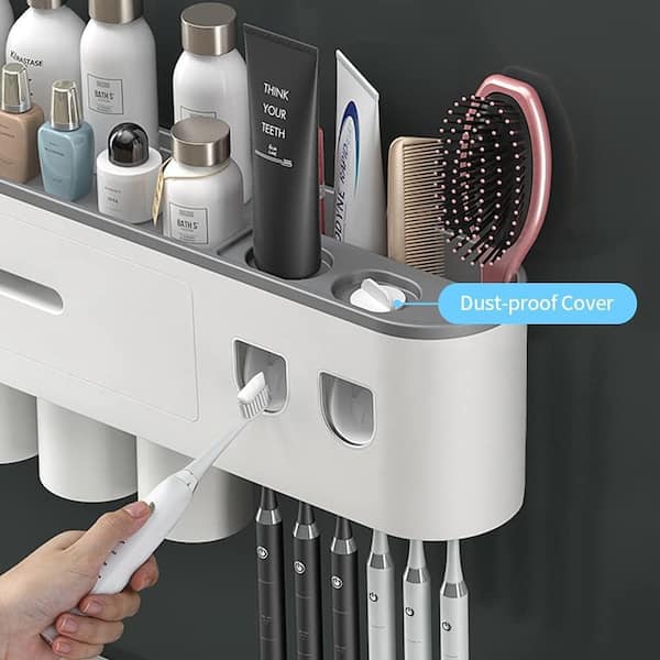 Double Toothpaste Dispensers Wall Mount Toothbrush Holder, with 6 Brush  Slots 2 Magnetic Cups 1 Cosmetic Drawer Organizer 1 Large Storage Tray Toothbrush  Holder Set for Bathroom (Grey): Buy Online at Best