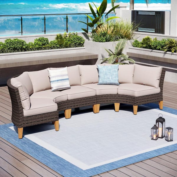 Brown Rattan Wicker 5 Seat 5-Piece Steel Patio Outdoor Sectional Set with Beige Cushions