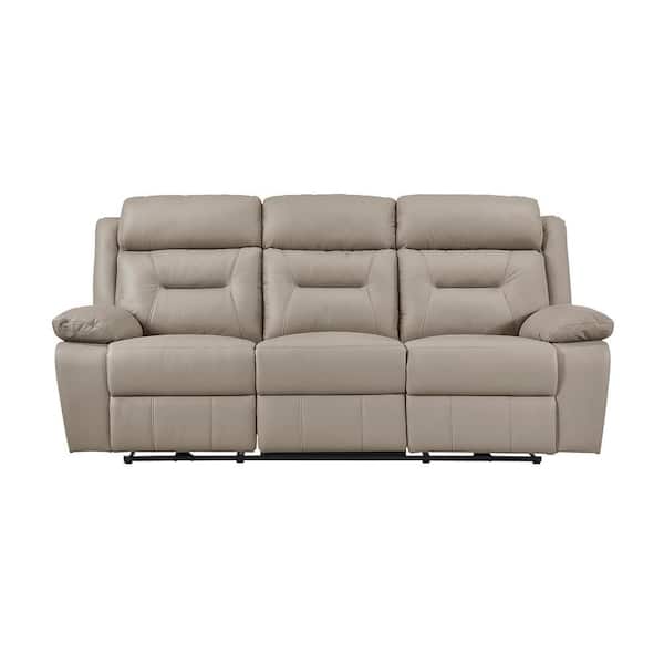 Emillia 87 in. W Pillow Arm Leather Rectangle Power Double Reclining Sofa in Latte