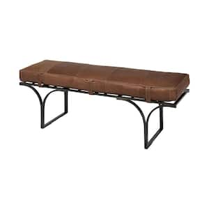 Jessie Brown Leather Seat with Black Metal Base Accent Bench 55 in. L x 16 in. W