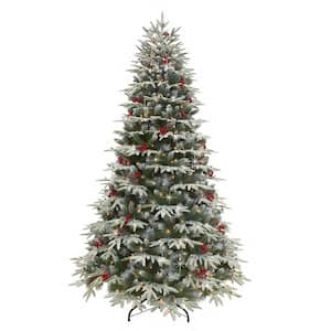 6.5 ft. Pre-Lit Flocked fir Artificial Christmas Tree 2161 Tips 500UL Clear Incandescent Lights Pine Cones & Red Berries