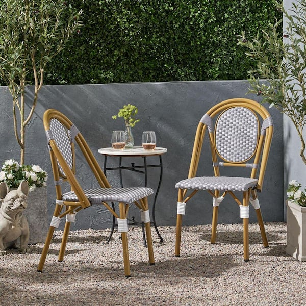 French Rattan Aluminum Armless Outdoor Bistro Chair Gray and Bamboo Finish Set of 2