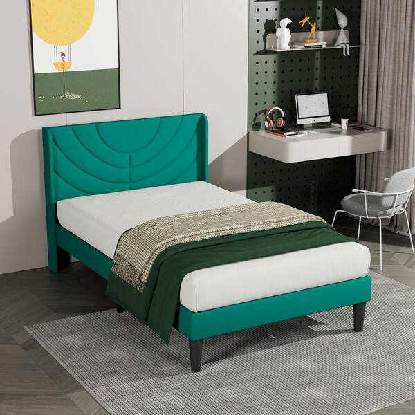 VECELO Upholstered Bed Green Metal Frame Twin Platform Bed VECELO Upholstered Bed Green Metal Frame Twin Platform Bed