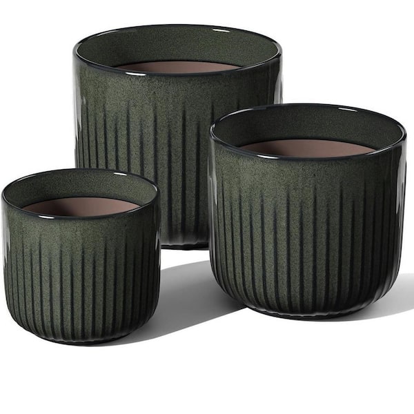 ITOPFOX Modern 8.3 in. L x 8.3 in. W x 7.5 in. H Reactive Glaze Dark Olive Ceramic Round Indoor Planter (3-Pack)