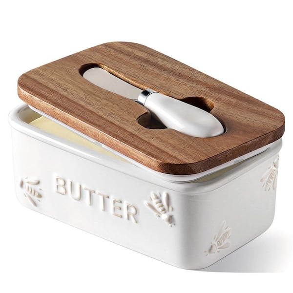 4 oz. Ceramic Butter Dish with Acacia Wood Lid and Knife, Airtight Butter Keeper for Countertop Decor with Bee Pattern