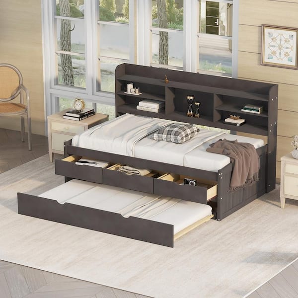 Harper & Bright Designs Antique Gray (Brown) Wood Frame Twin Size Platform Bed with Built-in Bookshelves, 3-Storage Drawers and Trundle