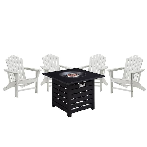Mondawe 5-Piece White Recycled Plastic Patio Conversation Set Adirondack Chair with Black Propane Firepit for Yard