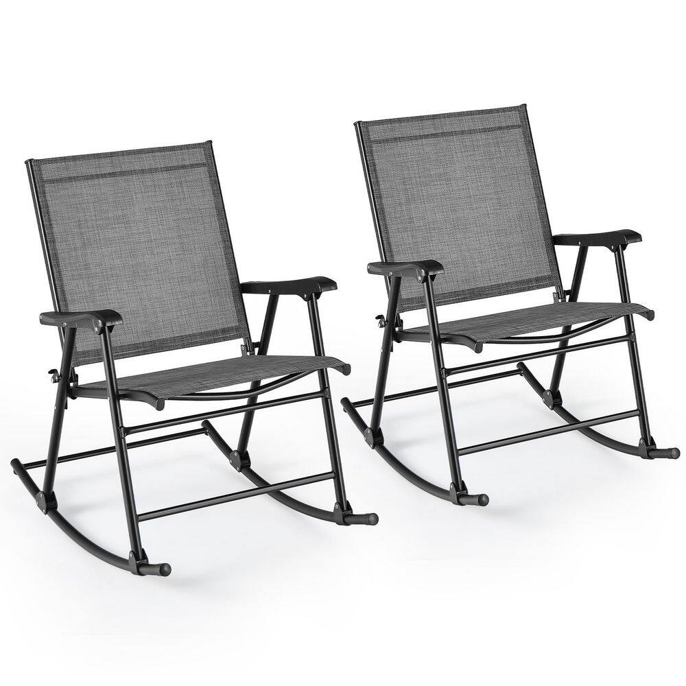 Two gray metal outdoor rocking chairs with breathable fabric seats on a white background.
