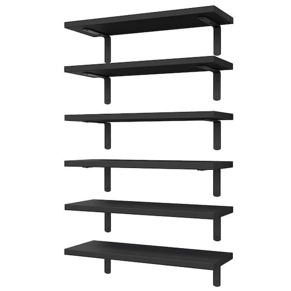6-Piece 16.5 in. Wood Floating Shelves for Wall Decor, Farmhouse Shelf for Bedroom, Living Room, Black