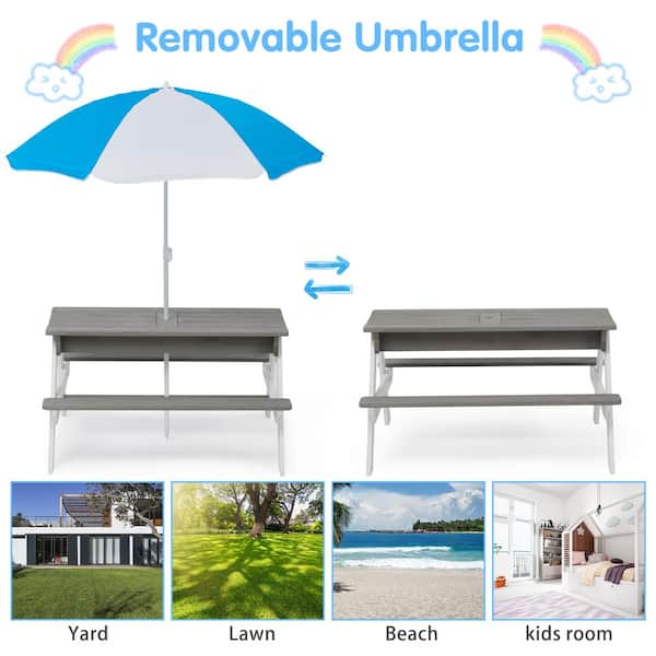 37 in. 3-in-1 Kids Outdoor Wooden Picnic Table With Umbrella