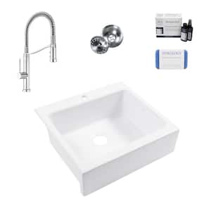 Josephine 26 in 1-Hole Quick-Fit Farmhouse Drop-In Single Bowl White Fireclay Kitchen Sink with Bruton Chrome Faucet Kit
