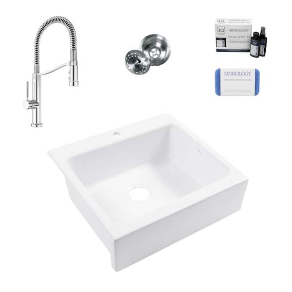 SINKOLOGY Josephine 26 in 1-Hole Quick-Fit Farmhouse Drop-In Single Bowl White Fireclay Kitchen Sink with Bruton Chrome Faucet Kit