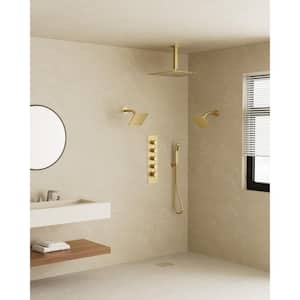 Thermostatic Valve 15- Spray 16 x 6 x 6 in. Ceiling Mount Dual Shower Head and Handheld Shower 2.5 GPM in Brushed Gold