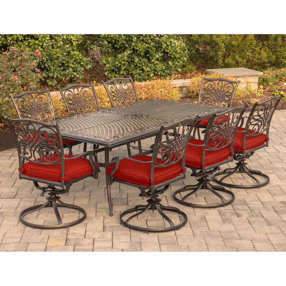 Hanover 9-Piece Bronze Aluminum Outdoor Dining Set with Red Cushions
