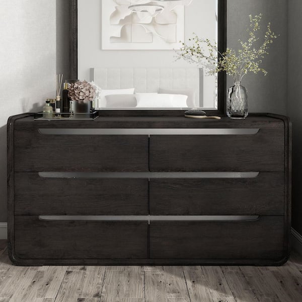 Furniture of America Wilter Black 6-Drawer 66 in. Dresser with Rounded Edges and Nickel Finish Stainless Steel Trim