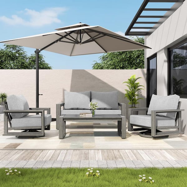 Palmelle Cove 4-Piece Aluminum Outdoor Conversation Set with Swivel Chairs, Sunbrella Gray Cushions and Coffee Table