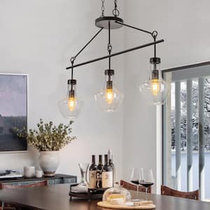 Jacob 3-Light Black Kitchen Island Pendant Linear Farmhouse Chandelier with Seed Glass