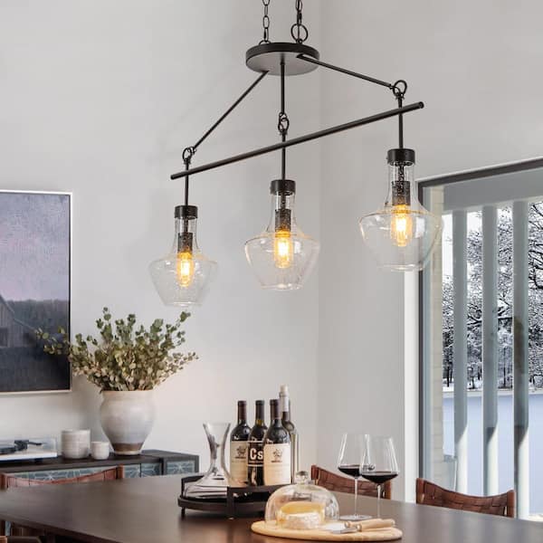 EDISLIVE Jacob 3-Light Black Kitchen Island Pendant Linear Farmhouse Chandelier with Seed Glass