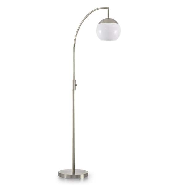 HomeGlam Metro 66 in. Brushed Nickel 1-Light LED Dimmable Globe Arc Floor Lamp with White Glass Shade and LED Vintage Bulb