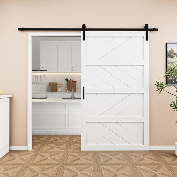 48 in. x 84 in. White 4-Lite Wave Pattern Finished MDF Sliding Barn Door with Hardware Kit and Soft Close