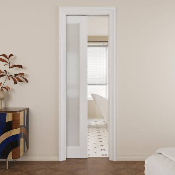 24 in. x 80 in. 1-Lite Glass White Primed MDF Pocket Sliding Door with Pocket Door Hardware Kit (Soft Close Included)