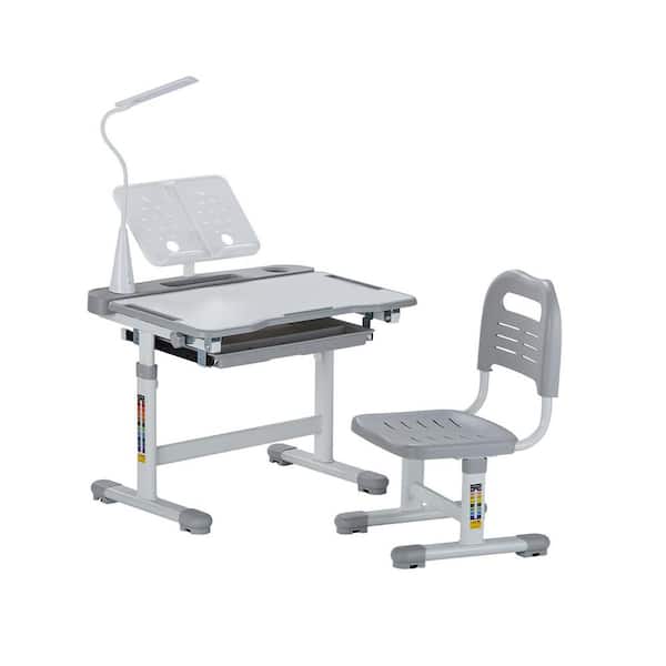 Kids Study Chair and Desk Set, Study Desk and Chair for Kids with Table Lamp, Adjustable Height and 0-40° Tilted