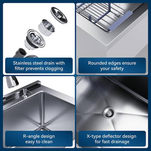 Adrinfly 20 in. D x 36 in. W Freestanding Stainless Steel Utility Sink in White with Faucet, Cold/Hot Water Hoses and Drain Kit