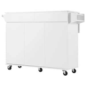 White MDF Wood 53.15 in. W Kitchen Island Cart with Adjustable Shelves and Spice Rack