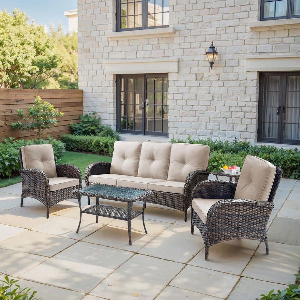 SleekArm 5-Piece Brown Wicker Patio Conversation Set with Olefin Beige Cushion/3-Seat Sofa with Outdoor Lounge Chairs price history on PriceWatchPro