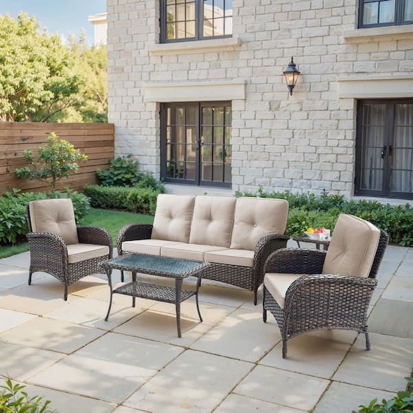 SleekArm 5-Piece Brown Wicker Patio Conversation Set with Olefin Beige Cushion/3-Seat Sofa with Outdoor Lounge Chairs
