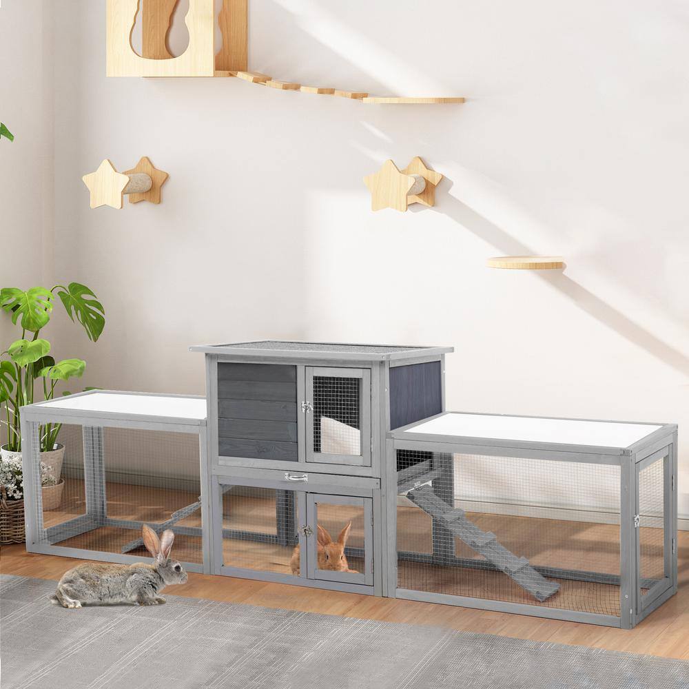 Gray Wooden Large Rabbit Hutch with Play Area and Ramp