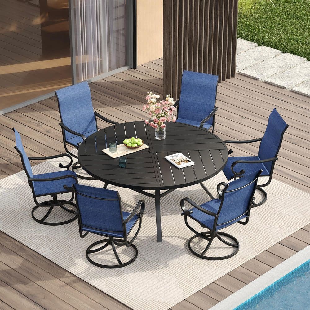 7-Piece Outdoor Patio Dining Set with 50 in. Black Metal Round Table and 6-Blue Textilene Swivel Chairs price history on PriceWatchPro
