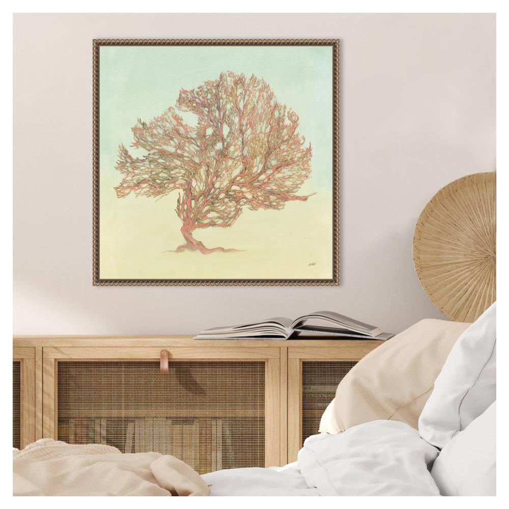 Sea Fern II Pink and Green Canvas Wall Art with Bronze Frame