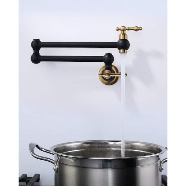 Brass Wall Mount Pot Filler with 2-Aerators and Brass Valve, Double Handle Single Hole Kitchen Faucet in Black and Gold