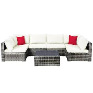 7-Pieces Patio Rattan Furniture Set Sectional Sofa Garden White Cushion