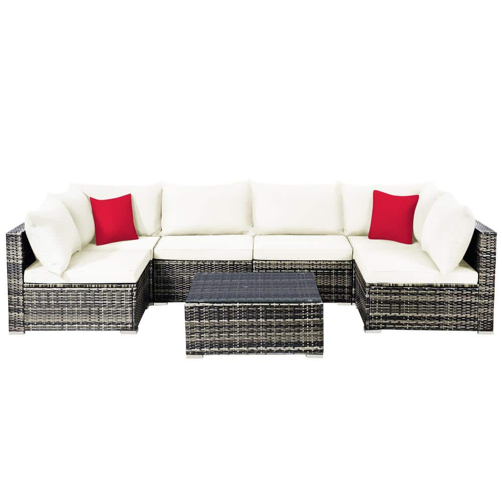 7-Pieces Patio Rattan Furniture Set Sectional Sofa Garden White Cushion -  Costway, HW68058WH+