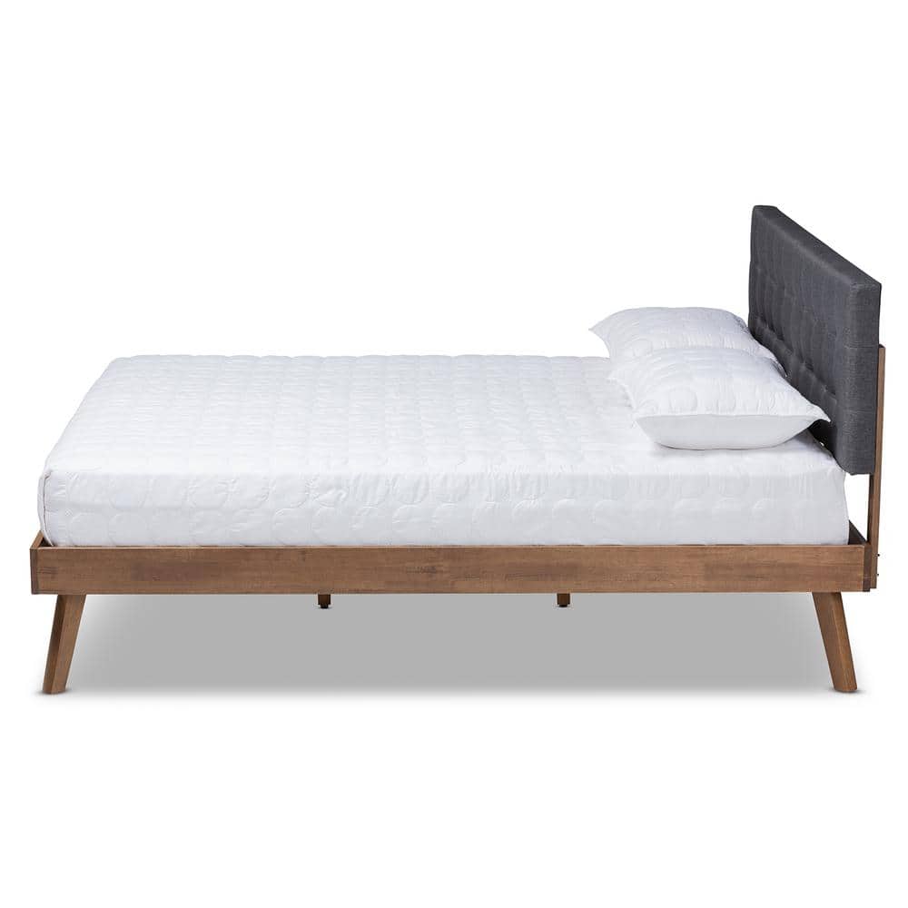 Queen Walnut Wood Platform Bed with Gray Tufted Upholstered Headboard