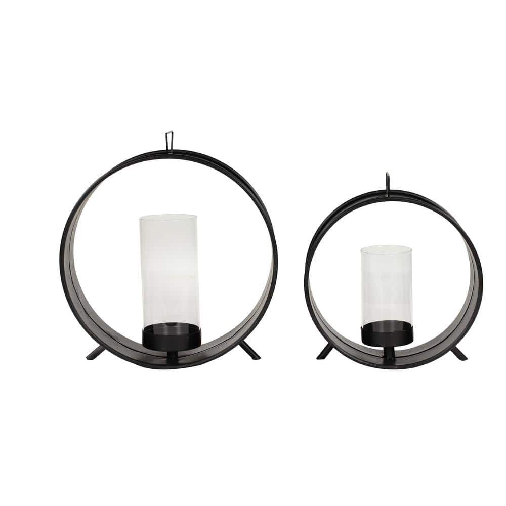 Industrial Black Iron Circular Candle Holders with Glass, Set of 2