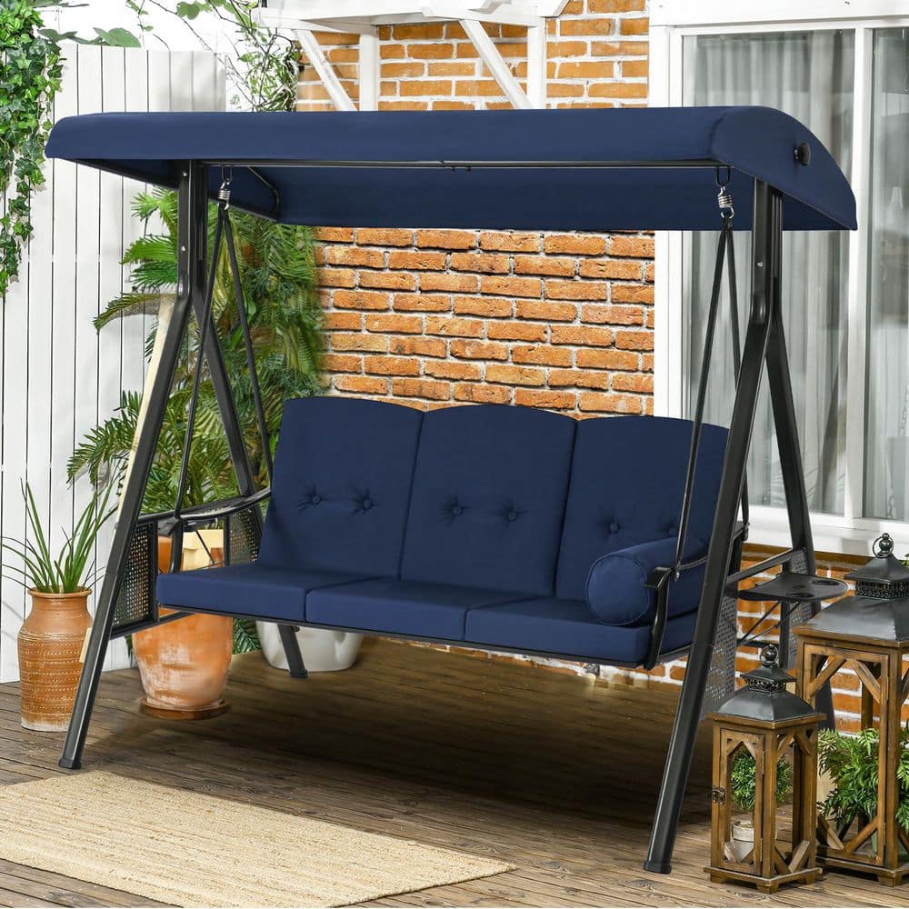 3-Person Metal Patio Swing with Navy Blue Cushions with Cup Holder