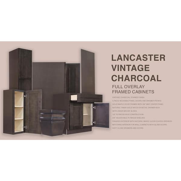 LIFEART CABINETRY Lancaster Shaker Assembled 24 in. x 36 in. x 15 in. Wall Diagonal Corner Cabinet with 1 Door in Vintage Charcoal