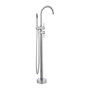 High Arc Swivel Spout Singe-Handle Floor Mount Freestanding Tub Faucet with Hand Shower in Brushed Nickel