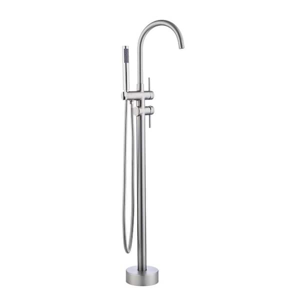 RAINLEX High Arc Swivel Spout Singe-Handle Floor Mount Freestanding Tub Faucet with Hand Shower in Brushed Nickel