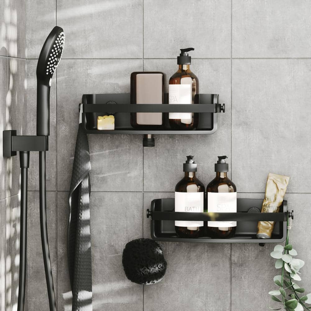 Black Plastic Suction Mount Shower Caddy with Adhesive Strips