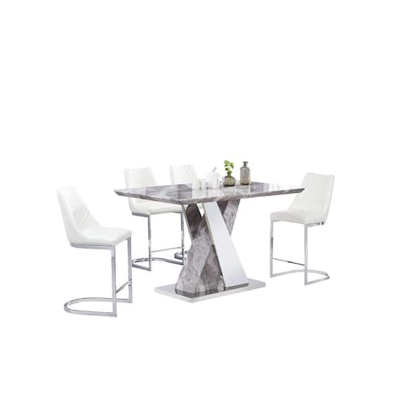 Best Quality Furniture Sulma 5-Piece Faux Marble Table White Faux Leather Chairs.