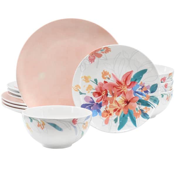 Spice BY TIA MOWRY Goji Blossom 12-Piece Pink Round Porcelain Dinnerware Set